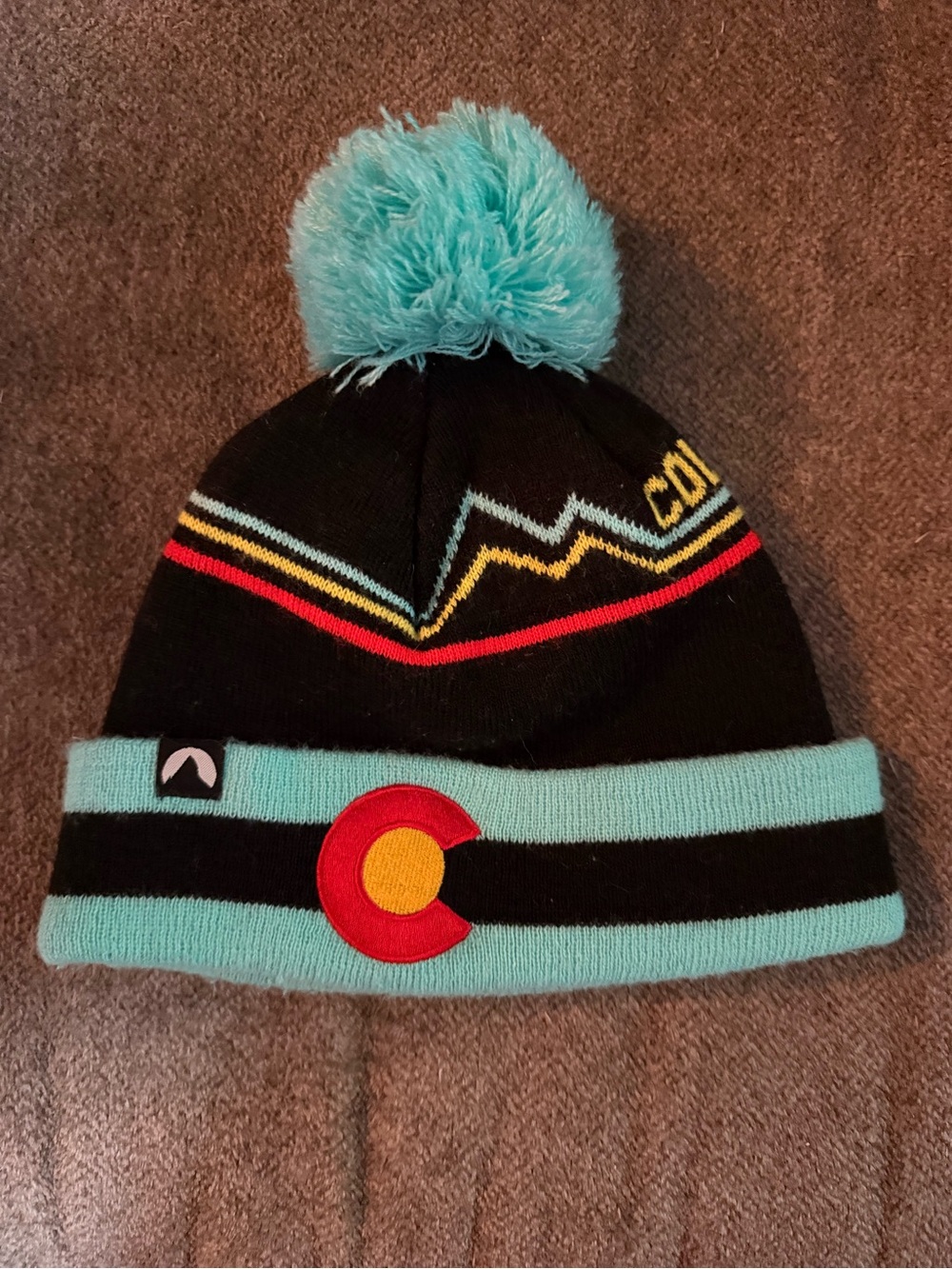 Adult Pom Pom Beanie Hat with Colorado 'C' Patch - Black & Light Blue